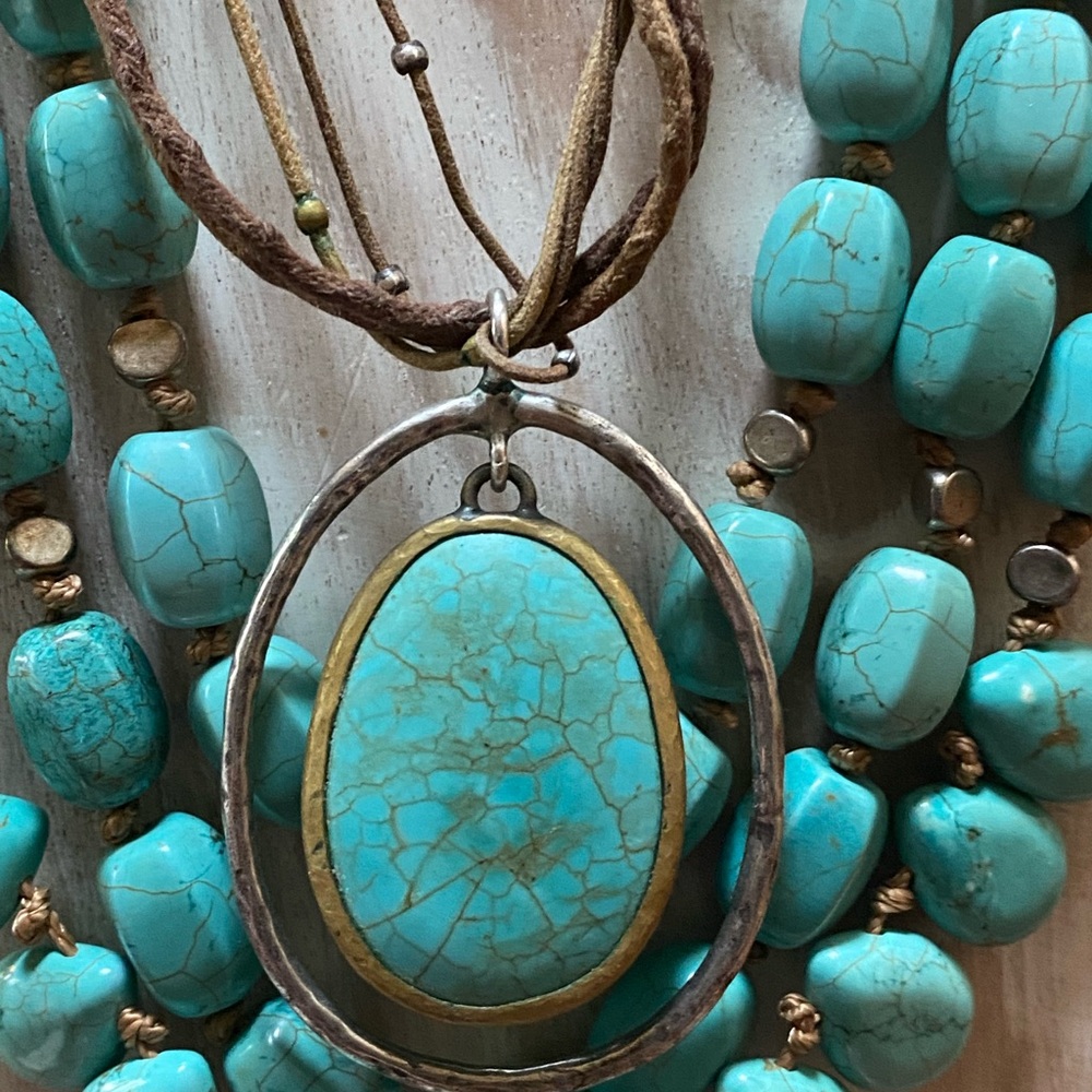Silpada large Turquoise Necklace with Silver Bezel and Leather Cord